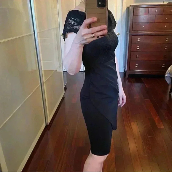 Le Chateau Cocktail Dress Off Shoulder Bardot Lace Bodice Formal LBD Black XS - Picture 15 of 16